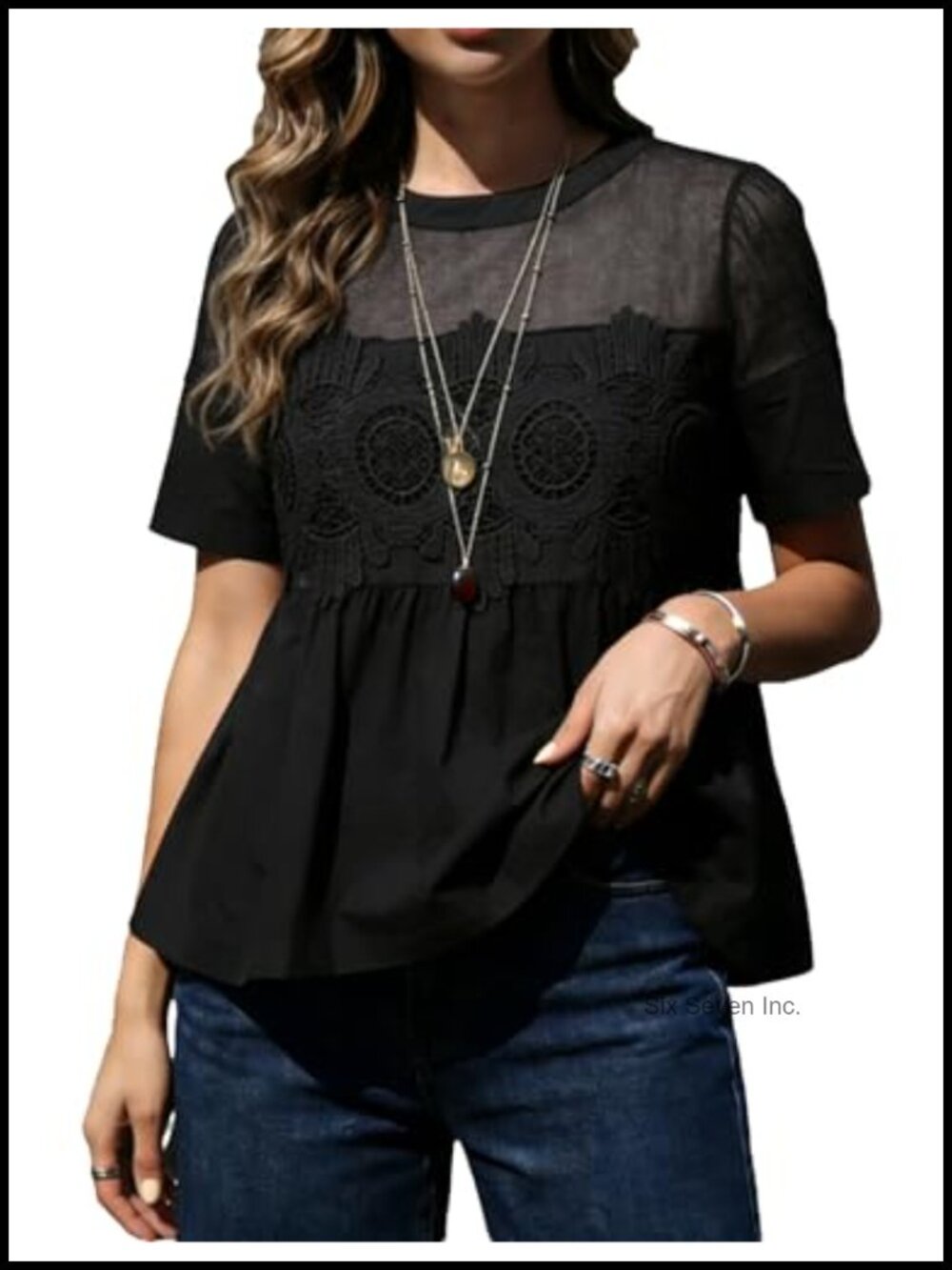 Lace Short Sleeve Babydoll Top Pleated Hem Mesh Blouse